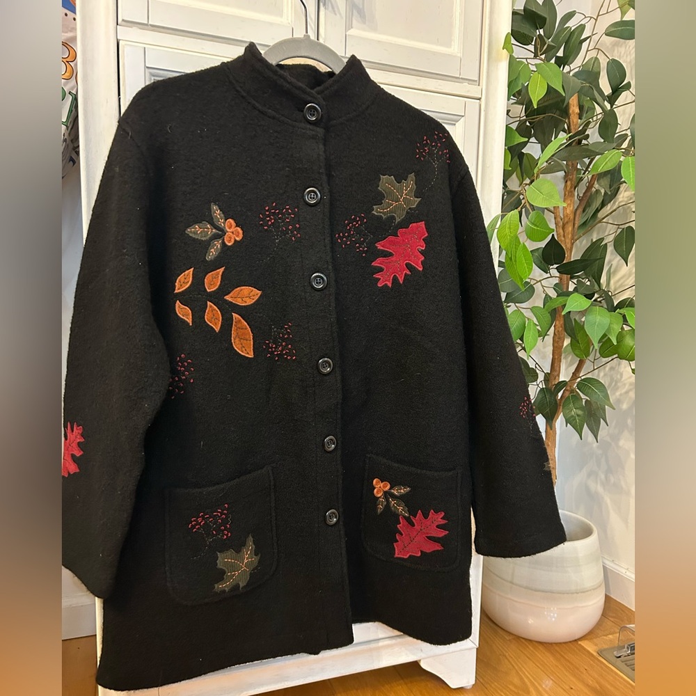Women's Black Cardigan with Leaf Accents